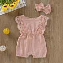 Summer Baby Girl Rompers Toddler Flare Sleeve Solid Lace Design Romper Jumpsuit with Headband, Size:70CM(Pink)