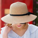 Grass Woven Wide-brimmed Foldable Hat Beach Sun Hat with bow for Women(Khaki)