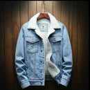 Men Winter Wool Liner Jean Jackets Outerwear Warm Denim Coats, Size:XXXXXL(Sky Blue)