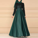 Lace Stitching Retro Large Swing Dress Ethnic Style Long-Sleeved Slim Dress, Size:M(Dark Green)