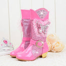 High-Heeled Bow Children's Lace Rhinestone Plus Velvet Boots, Size:33(Pink)