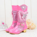 High-Heeled Bow Children's Lace Rhinestone Plus Velvet Boots, Size:33(Pink)