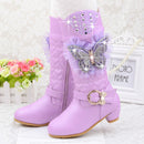 High-Heeled Bow Children's Lace Rhinestone Plus Velvet Boots, Size:33(Purple)