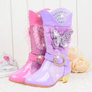 High-Heeled Bow Children's Lace Rhinestone Plus Velvet Boots, Size:33(Purple)
