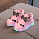 Kids Shoes Baby Infant Girls Eyelash Crystal Bowknot LED Luminous Boots Shoes Sneakers, Size:25(Pink)