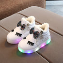 Kids Shoes Baby Infant Girls Eyelash Crystal Bowknot LED Luminous Boots Shoes Sneakers, Size:25(White with Cotton)