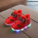 Kids Shoes Baby Infant Girls Eyelash Crystal Bowknot LED Luminous Boots Shoes Sneakers, Size:25(Red with Cotton)