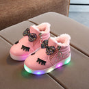 Kids Shoes Baby Infant Girls Eyelash Crystal Bowknot LED Luminous Boots Shoes Sneakers, Size:25(Pink with Cotton)