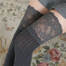 Lace Stockings Above The Knee Non-Slip Thigh Socks Cotton Vertical Stripe Socks(Dark Grey)