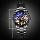 SKMEI 9194 Men Automatic Skeleton Mechanical Steel Band Watch (Golden Black Face)