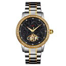 SKMEI 9219 Men Dragon Totem Hollow Automatic Mechanical Watch Student Steel Band Watch (Between Gold Shell Black Face)