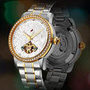 SKMEI 9219 Men Dragon Totem Hollow Automatic Mechanical Watch Student Steel Band Watch (Between Gold Shell Black Face)