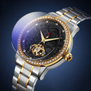 SKMEI 9219 Men Dragon Totem Hollow Automatic Mechanical Watch Student Steel Band Watch (Between Gold Shell Black Face)