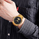 SKMEI 9219 Men Dragon Totem Hollow Automatic Mechanical Watch Student Steel Band Watch (Between Gold Shell Black Face)