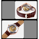 SKMEI 9209 Men Business Automatic Mechanical Watch Round Hollow Dial Leather Watchband Watch(Golden Silver)