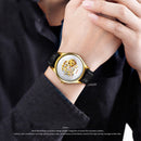 SKMEI 9209 Men Business Automatic Mechanical Watch Round Hollow Dial Leather Watchband Watch(Golden Silver)