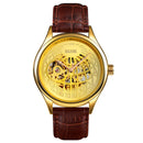 SKMEI 9209 Men Business Automatic Mechanical Watch Round Hollow Dial Leather Watchband Watch(Golden Gold)