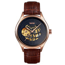 SKMEI 9209 Men Business Automatic Mechanical Watch Round Hollow Dial Leather Watchband Watch(Rose Gold Black)