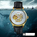 SKMEI 9209 Men Business Automatic Mechanical Watch Round Hollow Dial Leather Watchband Watch(Gold Black)