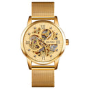 SKMEI 9199 Men Automatic Mechanical Watch Mesh Belt Gear Skeleton Watch(Golden Noodles)