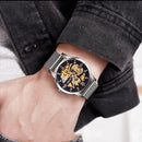 SKMEI 9199 Men Automatic Mechanical Watch Mesh Belt Gear Skeleton Watch(Golden Noodles)