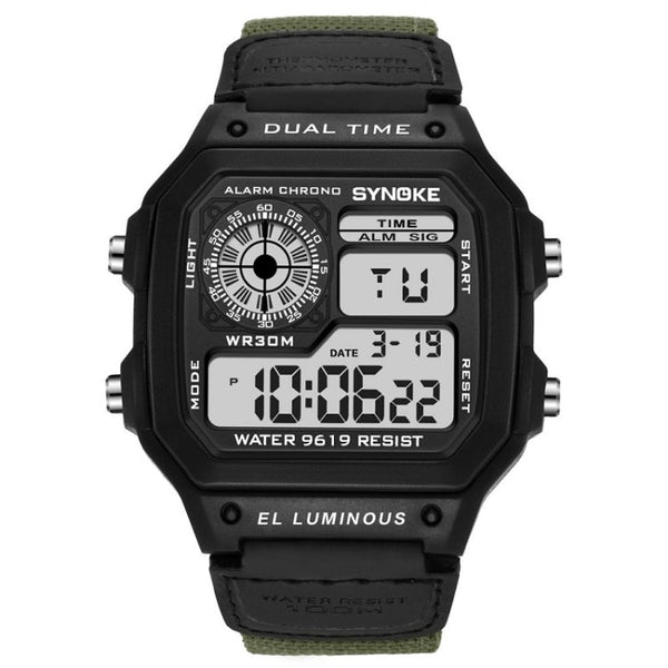 SYNOKE 9619B Nylon Canvas Strap Luminous Waterproof Digital Watch(Black Head Green Belt)