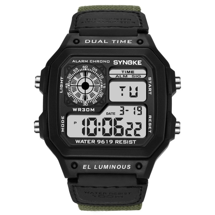 SYNOKE 9619B Nylon Canvas Strap Luminous Waterproof Digital Watch(Black Head Green Belt)
