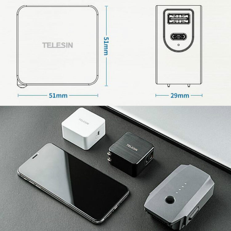 TELESIN TE-A65AC-BK 65W PD USB-C / Type-C + USB Interface GAN AC Drone Mini Adapter Charger, US Plug(Black)