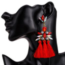 2 Pairs Womens Fan-shaped Long Tassel Earrings Alloy Diamond Bohemian Earrings(Red)