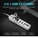 Multi USB 2.0 Hub USB Splitter High Speed 6 Ports with TF SD Card Reader(White)