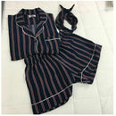 Women Pajamas Turn-down Collar 2 Two Piece Set Shirt+Shorts Striped Casual Pajama Sets, Size:L(Blue)