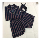 Women Pajamas Turn-down Collar 2 Two Piece Set Shirt+Shorts Striped Casual Pajama Sets, Size:L(Blue)