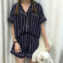 Women Pajamas Turn-down Collar 2 Two Piece Set Shirt+Shorts Striped Casual Pajama Sets, Size:L(Blue)