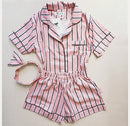Women Pajamas Turn-down Collar 2 Two Piece Set Shirt+Shorts Striped Casual Pajama Sets, Size:L(Blue)