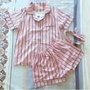 Women Pajamas Turn-down Collar 2 Two Piece Set Shirt+Shorts Striped Casual Pajama Sets, Size:L(Blue)