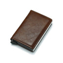 Automatic Elastic Card Type Anti-magnetic RFID Anti-theft Retro Card Package Universal Leather Metal Wallet(Coffee )