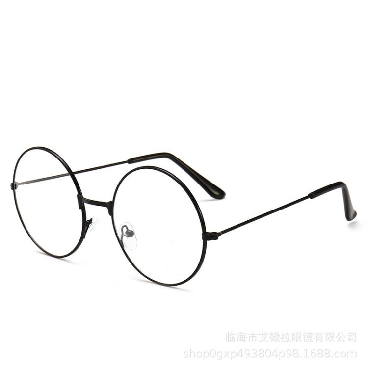 Retro Large Round Eyeglasses Metal Frame Anti Blue-ray Plain Glass Spectacles(Black)