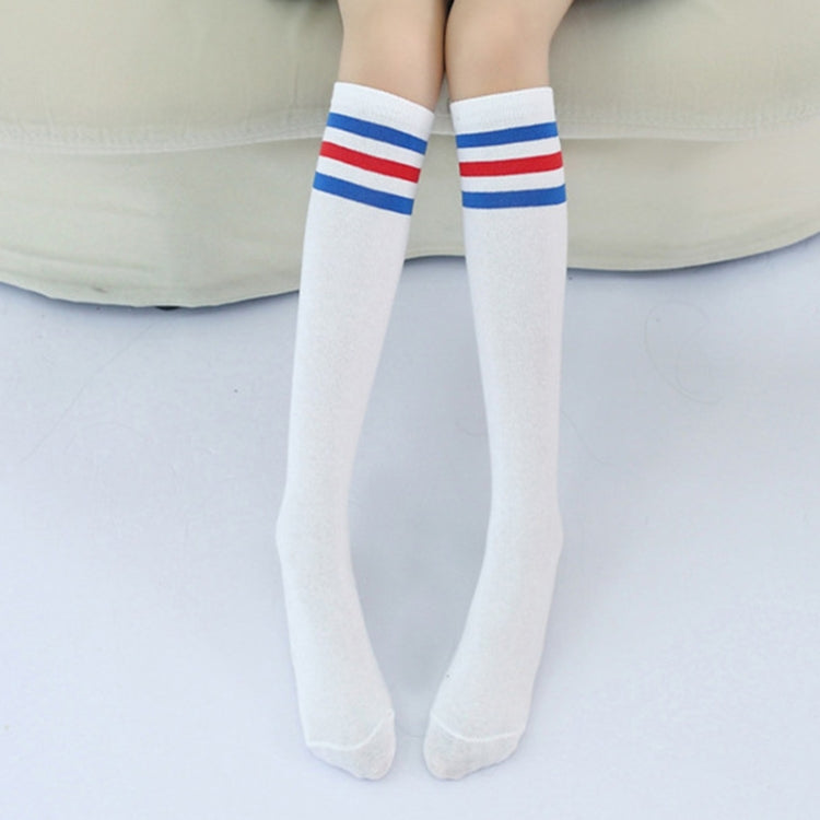 High Knee Socks Stripes Cotton Sports School Skate Long Socks for Kids(White+Blue-Red Strip)