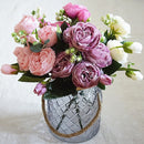 Beautiful Rose Peony Artificial Silk Flowers Small Bouquet Fores Home Party Spring Wedding Decoration Fake Flower(Pink and dark pink)