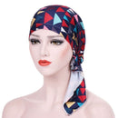 Stretch Printed Turban Big Tail Hat Flower Cloth Curved Turban Hat, Size:M 56-58cm(Geometric Navy)