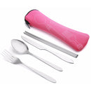 ASD88 4 Pcs/Set Stainless Steel Fork Spoon Chopsticks Travel Camping Cutlery Tools Tableware(Pink)
