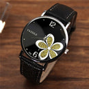 YAZOLE Ladies OL Style Four-leaf Clover Pattern Quartz Watch(338 black plate silver flower black belt)