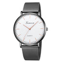 Geneva Fashion Quartz Watch Men Women Mesh Stainless Steel Watchband( Black shell white dial Rose gold needle)