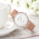 Geneva Fashion Quartz Watch Men Women Mesh Stainless Steel Watchband( Black shell white dial Rose gold needle)