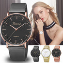Geneva Fashion Quartz Watch Men Women Mesh Stainless Steel Watchband( Black shell white dial Rose gold needle)