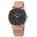 Geneva Fashion Quartz Watch Men Women Mesh Stainless Steel Watchband(Rose gold shell black dial Rose gold needle)