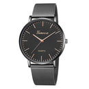 Geneva Fashion Quartz Watch Men Women Mesh Stainless Steel Watchband(Black shell black dial rose gold needle)