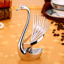 Stainless Steel Gift Tableware Fruit Fork Coffee Spoon Set Zinc Alloy Dessert Fork Spoon Swan Rack, Style:White Golden Swan + 5 Fruit Forks
