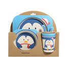Baby Dish Tableware Set Cartoon Fork Feeding Dishes for Kids Utensils Natural Bamboo Fiber Bowl With Cup Spoon Plate(Penguin)