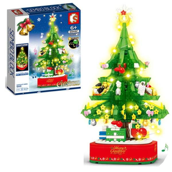 Christmas Rotating Light Music Box Assembled Building Blocks Children Holiday Gifts, Style:Christmas Tree